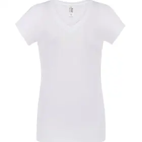 T-shirt donna scollo a v manica corta slim fit in 100% cotone 140 g Bianco
