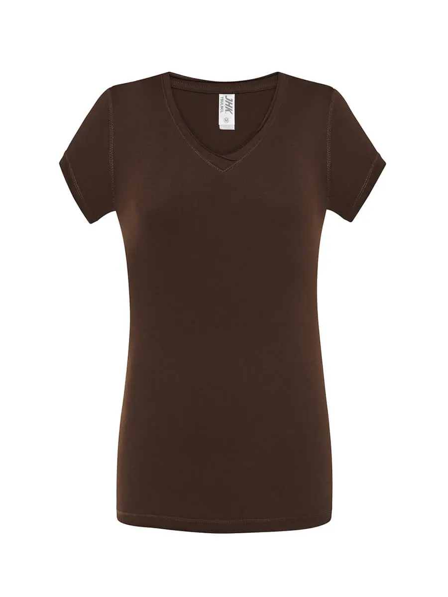 T-shirt donna scollo a v manica corta slim fit in 100% cotone 140 g Cioccolato T-shirt donna scollo a v manica corta slim fit in 100% cotone 140 g Cioccolato