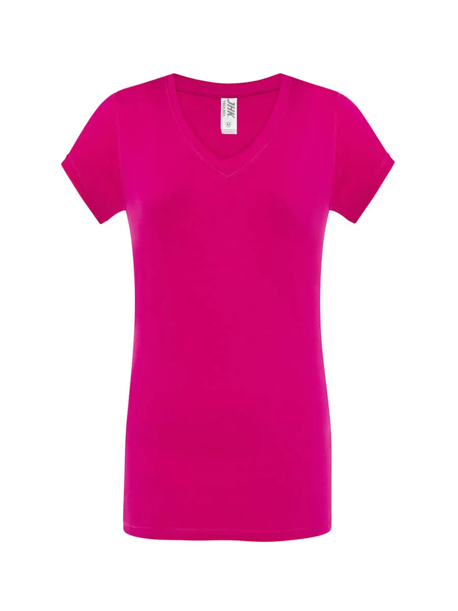 T-shirt donna scollo a v manica corta slim fit in 100% cotone 140 g Fucsia T-shirt donna scollo a v manica corta slim fit in 100% cotone 140 g Fucsia