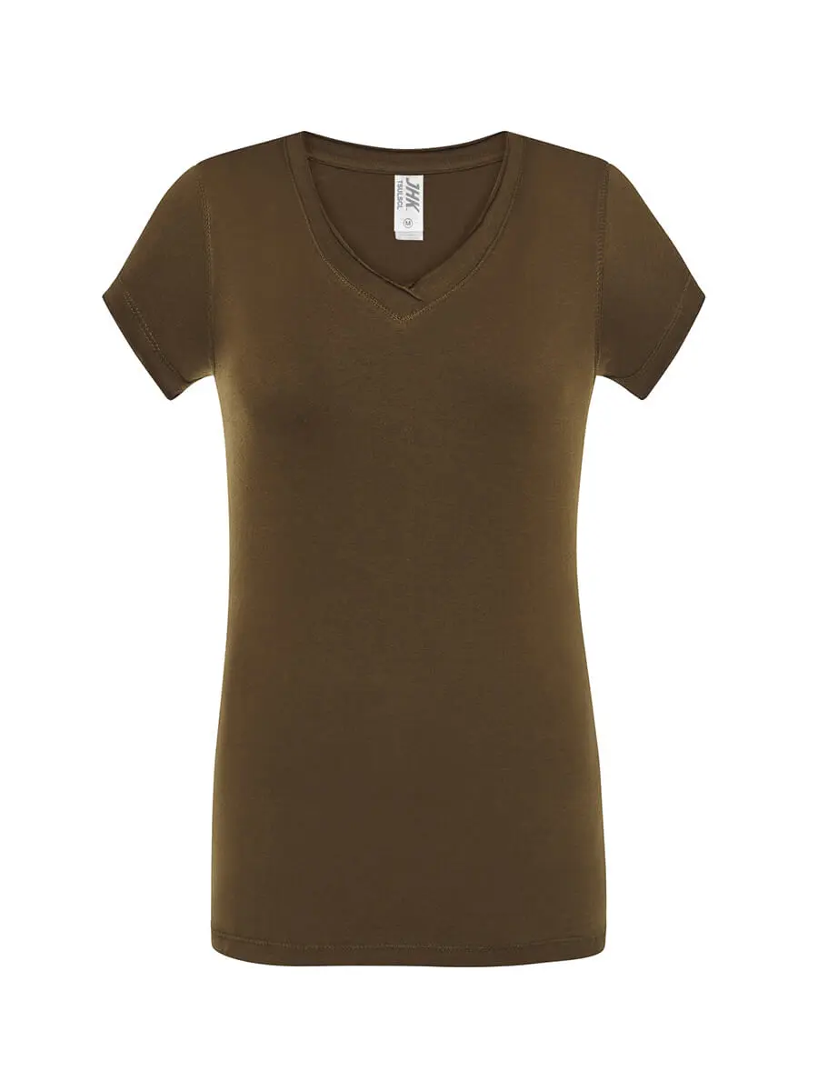 T-shirt donna scollo a v manica corta slim fit in 100% cotone 140 g Kaki T-shirt donna scollo a v manica corta slim fit in 100% cotone 140 g Kaki