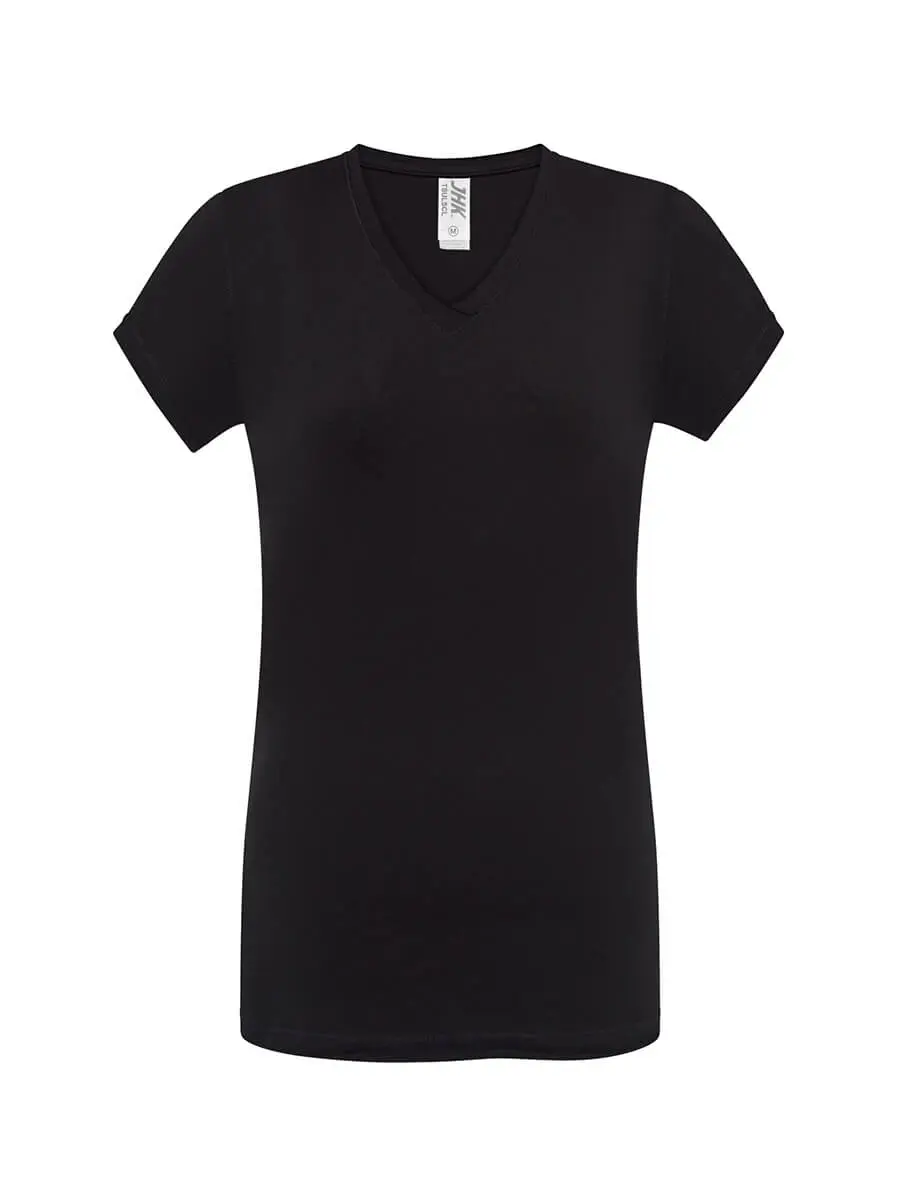 T-shirt donna scollo a v manica corta slim fit in 100% cotone 140 g Nero T-shirt donna scollo a v manica corta slim fit in 100% cotone 140 g Nero